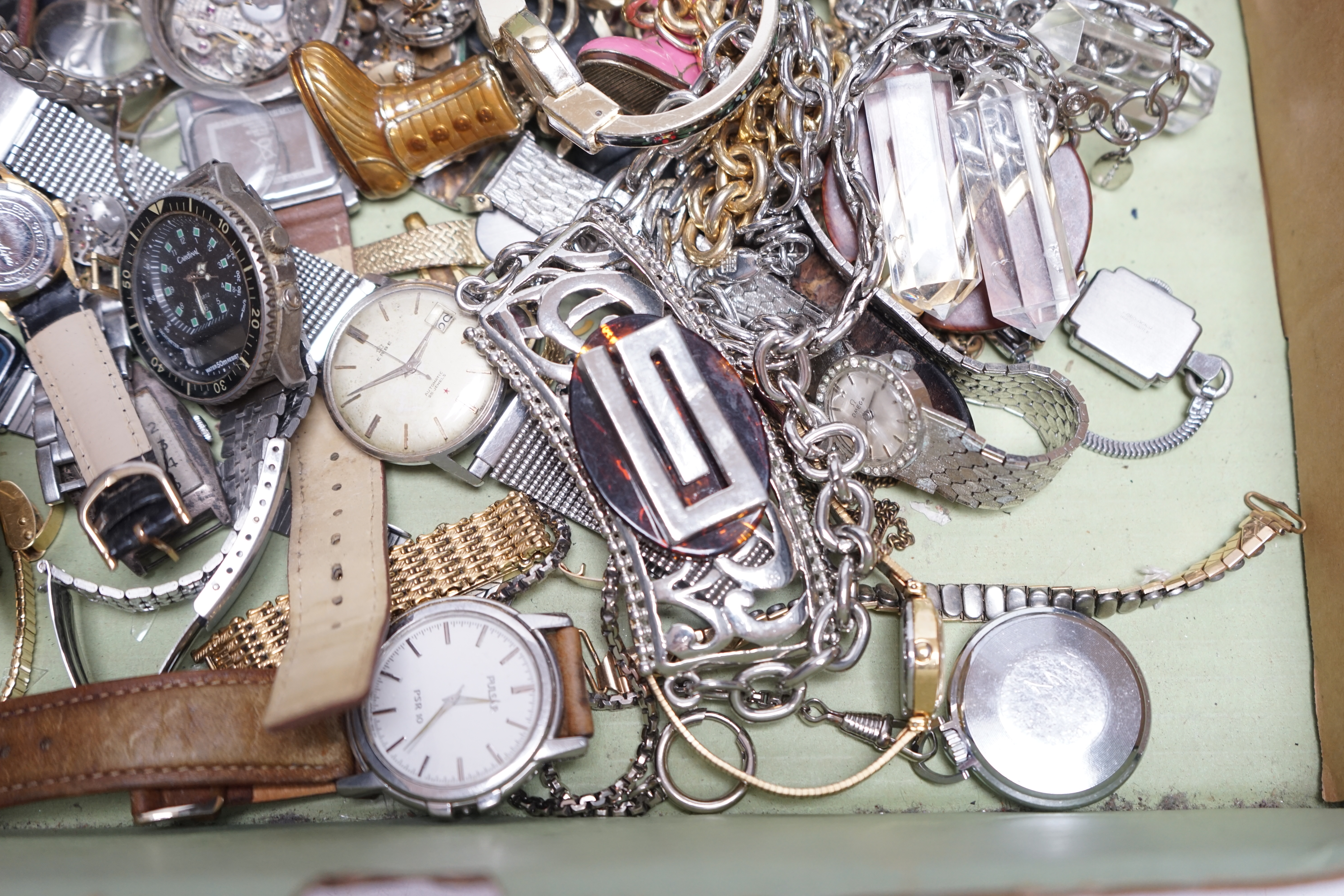 A small collection of assorted lady's and gentleman's wrist watches including Seiko, Erbe and Timex, a pocket watch and assorted costume jewellery including Givenchy. Condition - poor